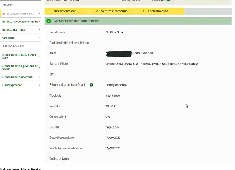 Bonifico istantaneo Credem - Conferma operazione