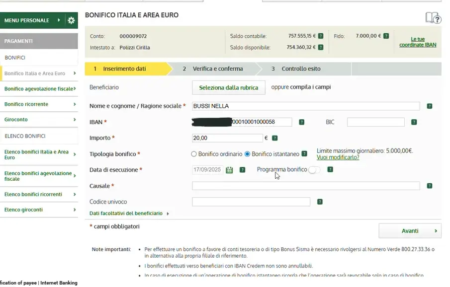 Bonifico istantaneo Credem - Procedura