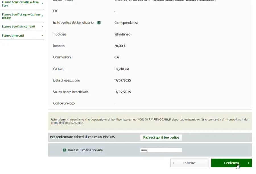 Bonifico istantaneo Credem - Riepilogo