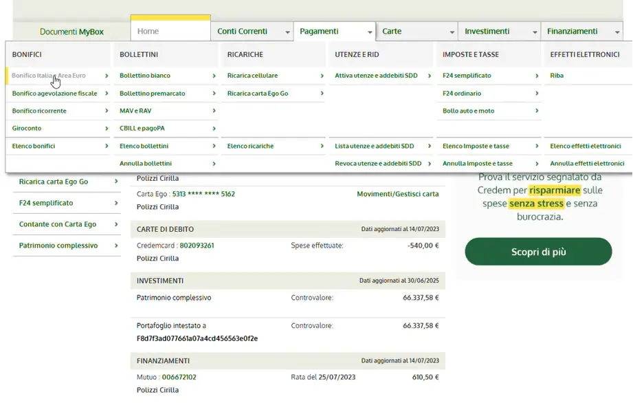 Come fare bonifico istantaneo Credem - Step 1